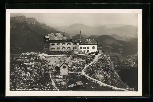 AK Watzmannhaus mit Untersberg, Berghütte aus der Vogelschau