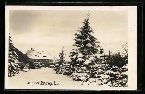 AK Zugspitze, Berghütte auf dem Berg im Schnee