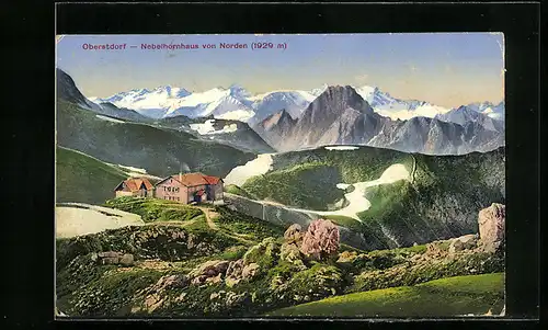 AK Nebelhornhaus, Blick auf Berghütte von Norden
