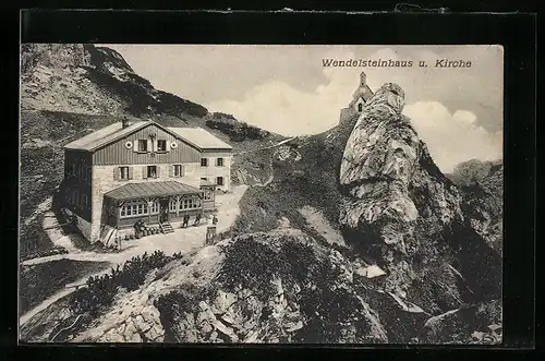 AK Wendelsteinhaus, Berghütte mit Blick auf eine Kirche