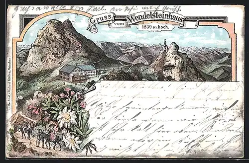 Lithographie Wendelsteinhaus, Gasthaus auf dem Wendelstein, Edelweiss