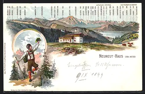 Lithographie Neureut-Haus, Wanderer, Karwendel und Wettersteingebirge