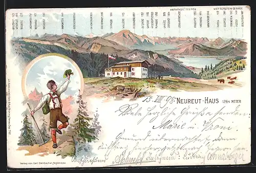 Lithographie Neureut-Haus, Gasthaus gegen Karwendel Gebirge, Wanderer