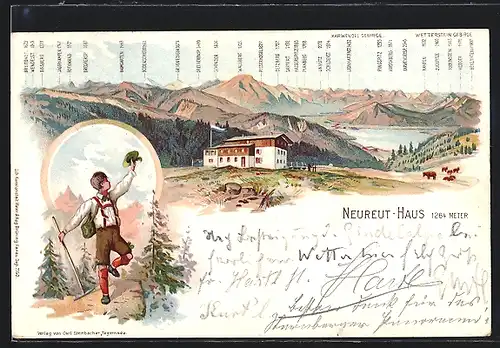 Lithographie Neureut-Haus, Gasthaus gegen Karwendel Gebirge, Wanderer