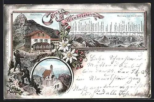 Lithographie Wendelsteinhaus, Berghütte und Wendelsteinkirchlein, Panorama mit Riesenkopf, Zwölferkogel und Wetterstein