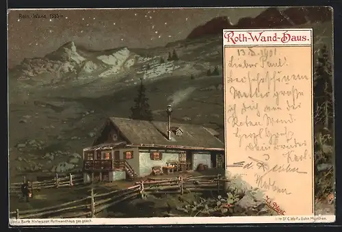 AK Roth-Wand-Haus, Berghütte mit Roth-Wand bei Nacht
