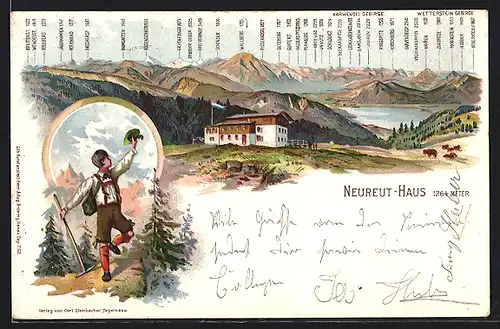 Lithographie Neureut-Haus, Wanderer, Karwendel und Wettersteingebirge