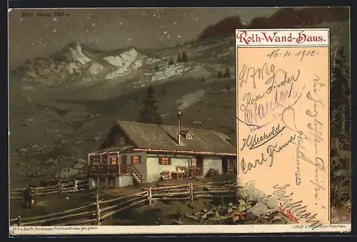 Künstler-AK Roth-Wand-Haus bei Nacht, Gast wandert zur Hütte hinauf