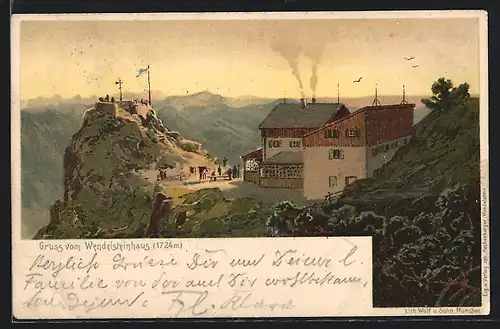 Lithographie Wendelsteinhaus, Ortsansicht mit Bergen