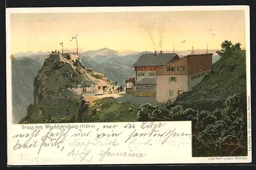 Lithographie Wendelsteinhaus, Ortsansicht mit Bergen
