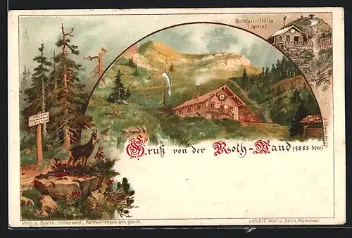 Lithographie Neuhaus / Schliersee, Roth-Wand, Böcklein-Hütte, Steinbock