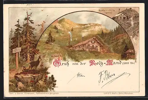 Lithographie Neuhaus / Schliersee, Roth-Wand, Böcklein-Hütte, Steinbock