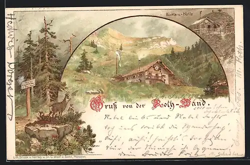 Lithographie Neuhaus / Schliersee, Roth-Wand, Böcklein-Hütte, Steinbock