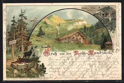 Lithographie Neuhaus / Schliersee, Roth-Wand, Böcklein-Hütte, Steinbock