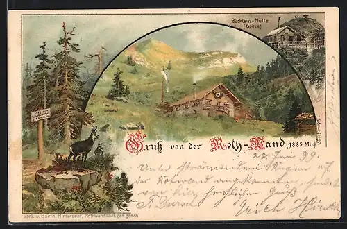 Lithographie Neuhaus / Schliersee, Roth-Wand, Böcklein-Hütte, Steinbock