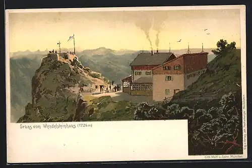 Lithographie Wendelsteinhaus, Ortsansicht mit Bergen