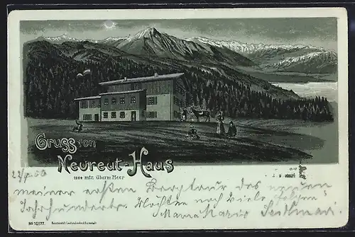 Mondschein-Lithographie Neureut-Haus mit Esel und Gästen bei Nacht