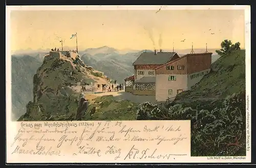 Lithographie Wendelsteinhaus, Ortsansicht mit Bergen