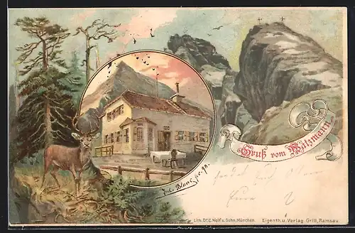 Lithographie Watzmannhaus, Berghütte mit Gebirgspanorama, Rothirsch