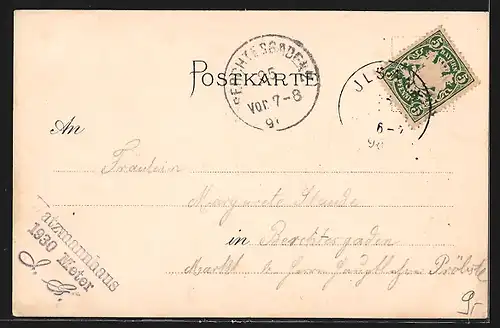 Lithographie Watzmannhaus, Berghütte mit Gebirgspanorama, Rothirsch