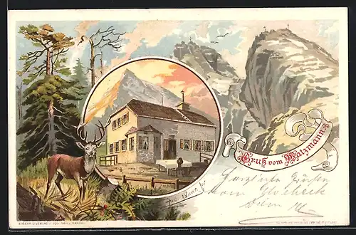 Lithographie Watzmannhaus beim Sonnenuntergang