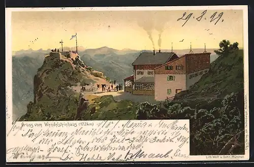 Lithographie Wendelsteinhaus, Ortsansicht mit Bergen