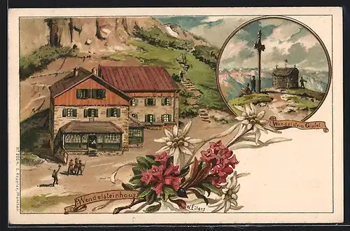 Lithographie Wendelsteinhaus, Berghütte mit Bergsteiger im Sonnenlicht