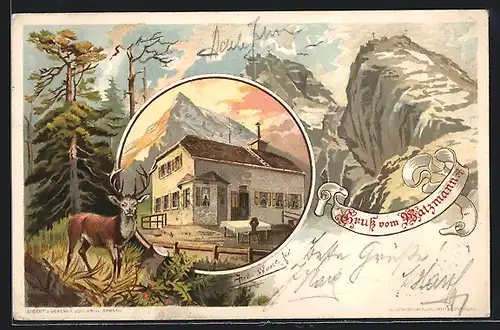 Lithographie Watzmannhaus beim Sonnenuntergang