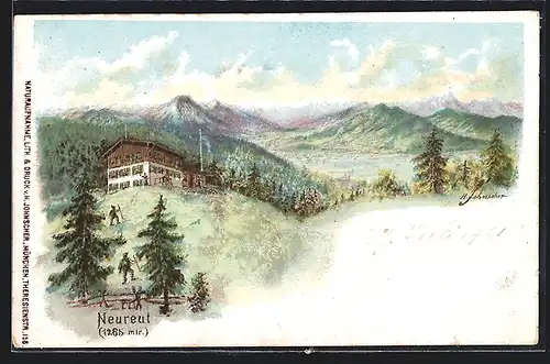 Lithographie Berghütte auf dem Neureut, Wanderer vor der Hütte