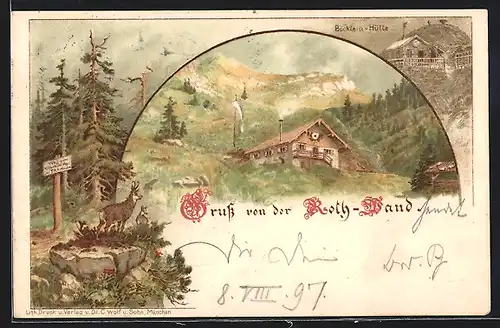 Lithographie Neuhaus / Schliersee, Roth-Wand, Böcklein-Hütte, Steinbock