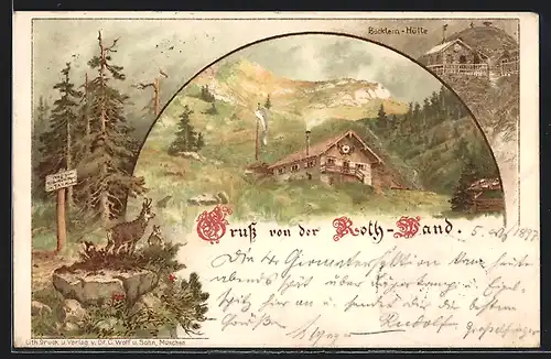 Lithographie Neuhaus / Schliersee, Roth-Wand, Böcklein-Hütte, Steinbock
