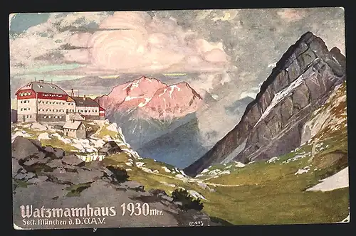 Künstler-AK Carl Moos: Berghütte Watzmannhaus, Sect. München d.D.Ö.A.V, Panorama