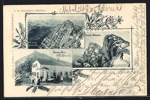 AK Walzmann-Haus, Berghütte mit Blick auf das Steinerne Meer, Hocheck & Mittelspitze
