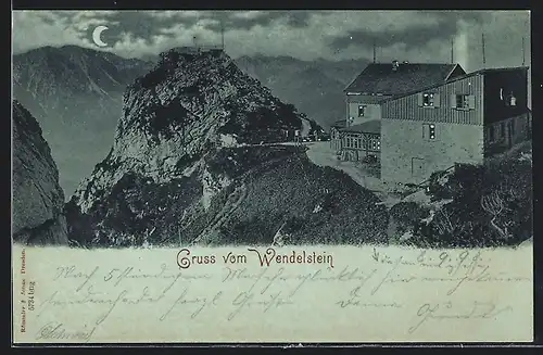 Mondschein-AK Berghütte auf dem Wendelstein mit Panorama