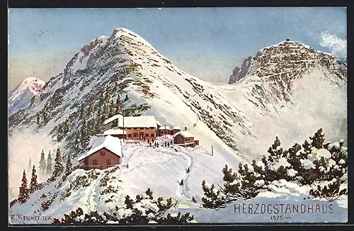 Künstler-AK Rudolf Reschreiter: Herzogstandhaus im Winter