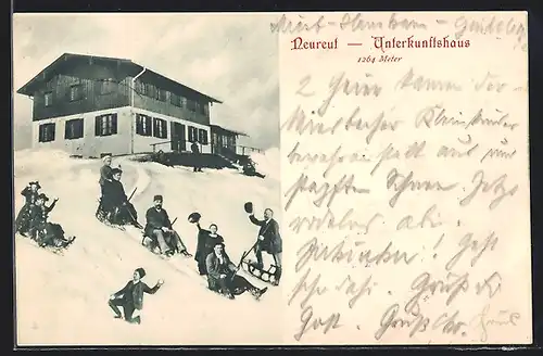 AK Neureut-Haus, Berghütte bei Tegernsee mit Schlittenfahrern