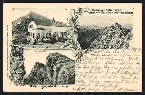 AK Watzmannhaus, Blick auf Venediger & Grossglockner, Berghütte auf Südspitze
