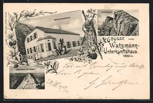 AK Watzmannhaus, Ortspartie mit Berghütte, Mittelspitze, Watzmann g. d. Tauern