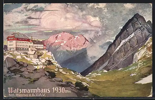 Künstler-AK Carl Moos: Berghütte Watzmannhaus, Sect. München d.D.Ö.A.V, Panorama