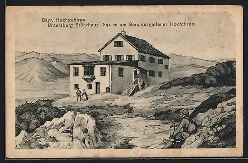 Künstler-AK Untersberg Stöhrhaus, Berghütte im Bayrischen Hochgebirge am Berchtesgadener Hochthron