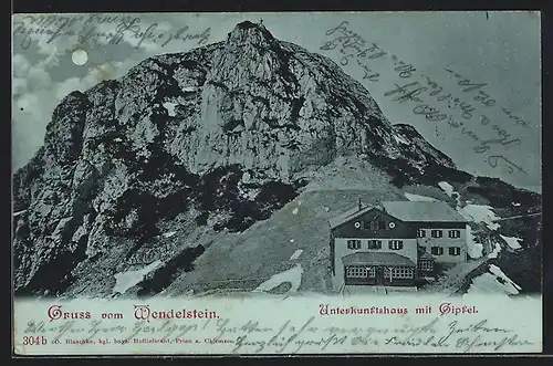 Mondschein-AK Wendelsteinhaus, Berghütte mit Gipfel