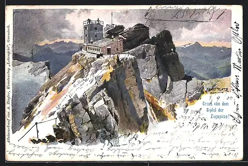 Künstler-AK Ernst Platz: Zugspitze, Blick zum Gipfel mit Münchner Haus