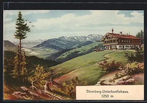 Künstler-AK Blomberg-Unterkunftshaus, Berghütte mit Panorama