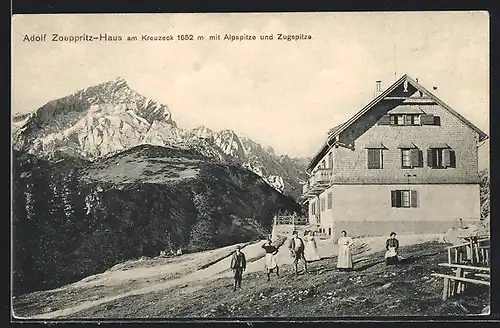 AK Adolf Zoeppritz-Haus, Berghütte am Kreuzeck mit Alpspitze und Zugspitze