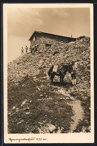 AK Unterkunftshaus Heimgarten, Esel vor der Hütte