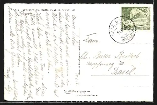 AK Weissmies-Hütte, Ansicht mit Jägigrat