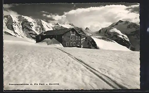 AK Diavolezzahütte mit Piz Palü und Bernina im Schnee