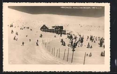 AK Havlova bouda v Krkonosich, Riesengebirge, Winteransicht der Baude, mit Hüttenstempel