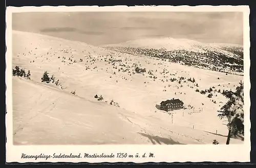 AK Martinsbaude im Riesengebirge, Blick auf die Hütte im Schnee