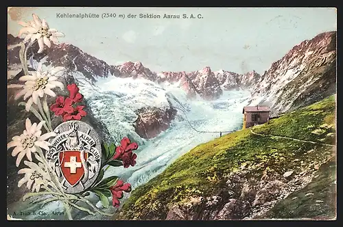 AK Kehlenalphütte, Berghütte mit Gebirge und Wappen des Schweizer Alpen Clubs, Edelweiss